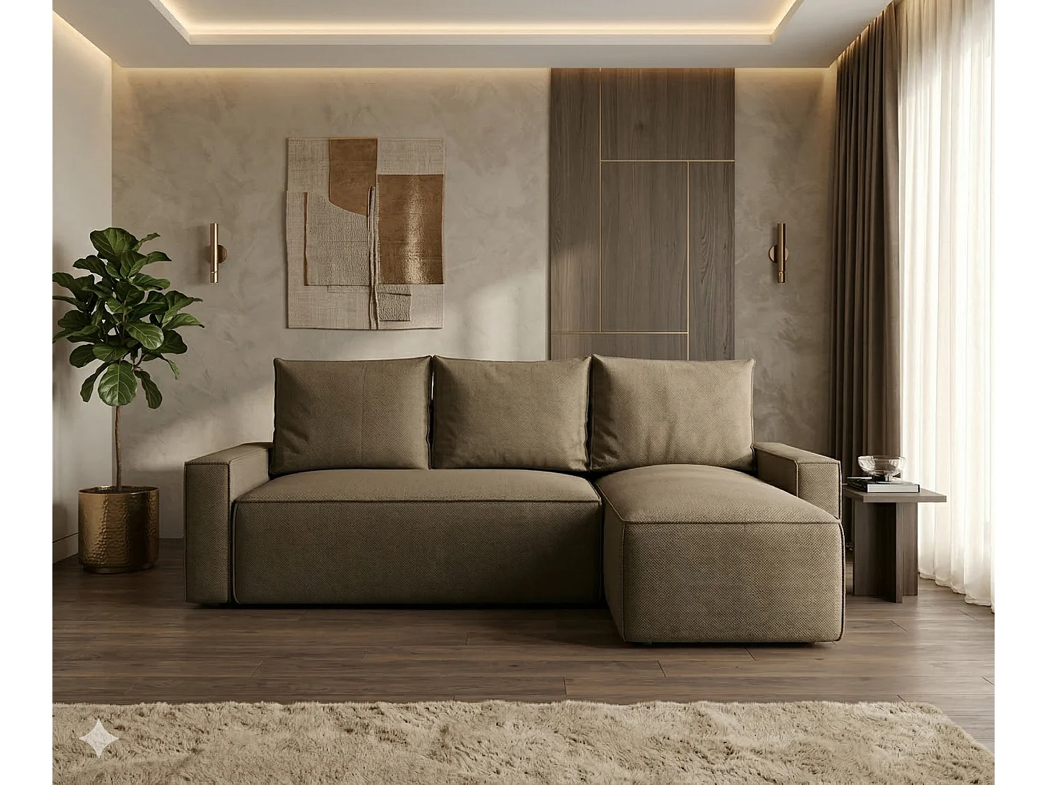 Canapé d’angle tissu convertible avec coffre intégré NORE-Marron-angle droit