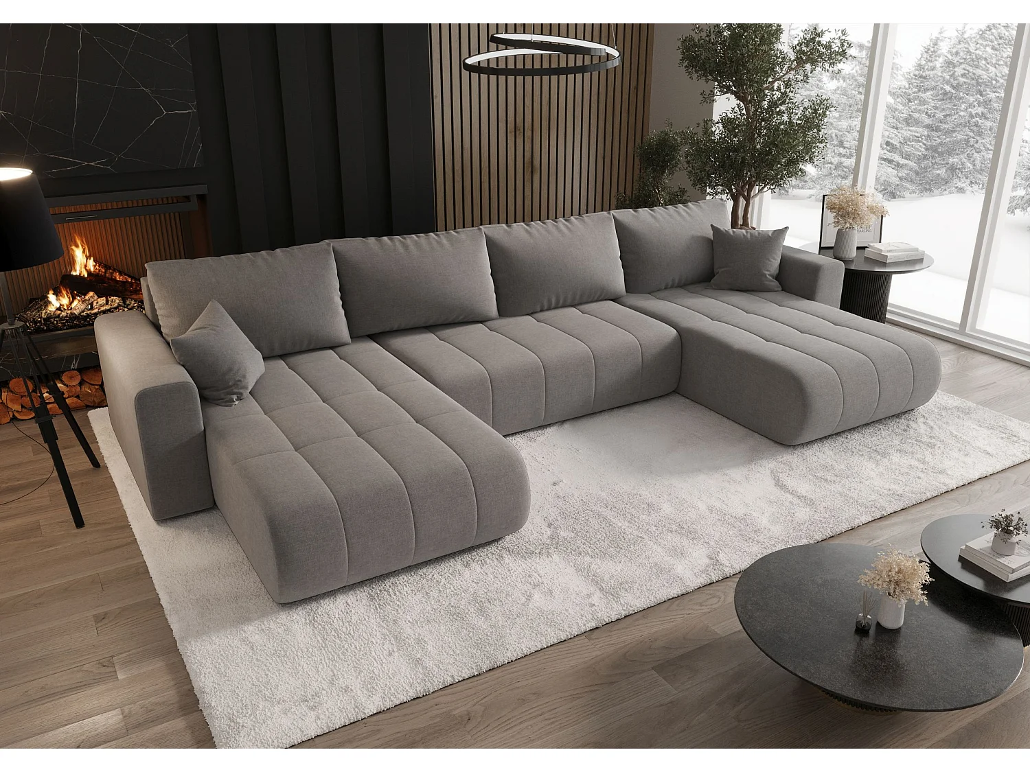 Canapé d'angle LARA en U beige foncé tricot Wind 21 - fonction couchage, coffre à literie
