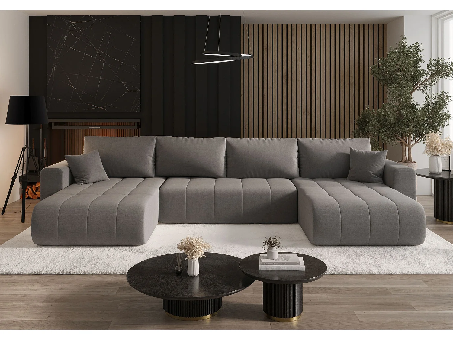 Canapé d'angle LARA en U beige foncé tricot Wind 21 - fonction couchage, coffre à literie