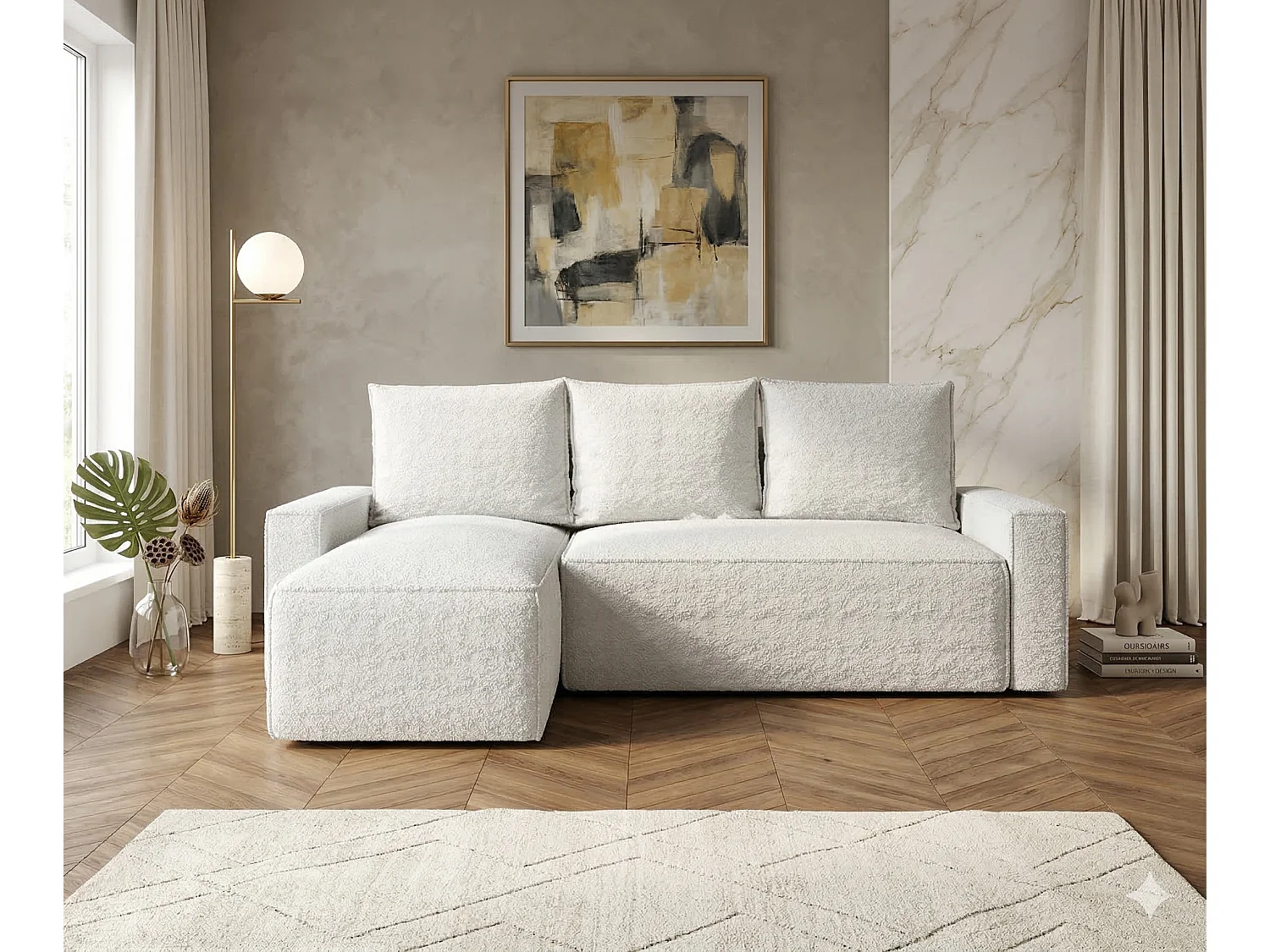 Canapé d'angle gauche 3 places convertible avec coffre en tissu gris clair NORE
