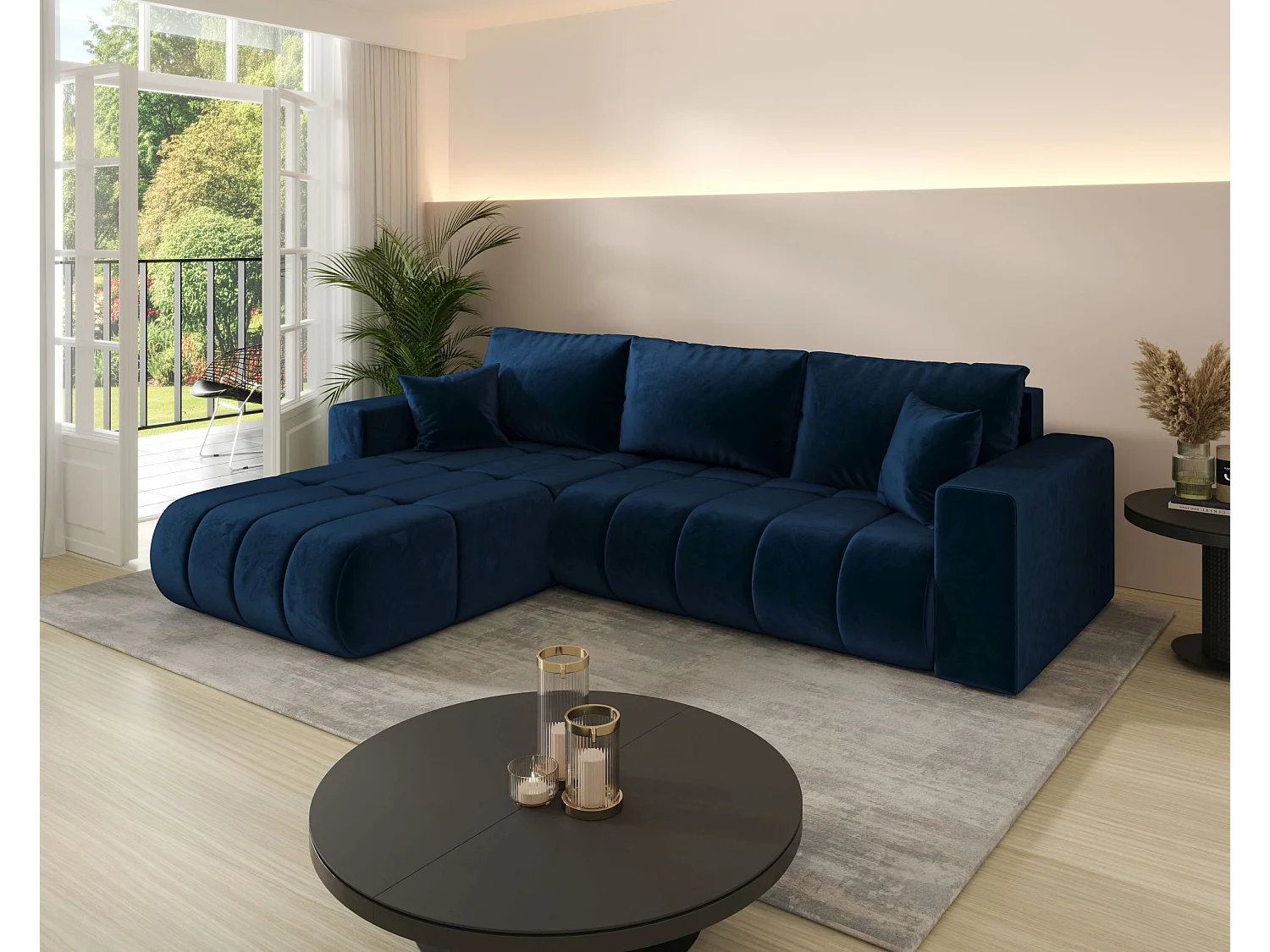 Canapé d'angle LARA PREMIUM gauche bleu foncé velours Monolith 77 - fonction couchage, coffre à literie