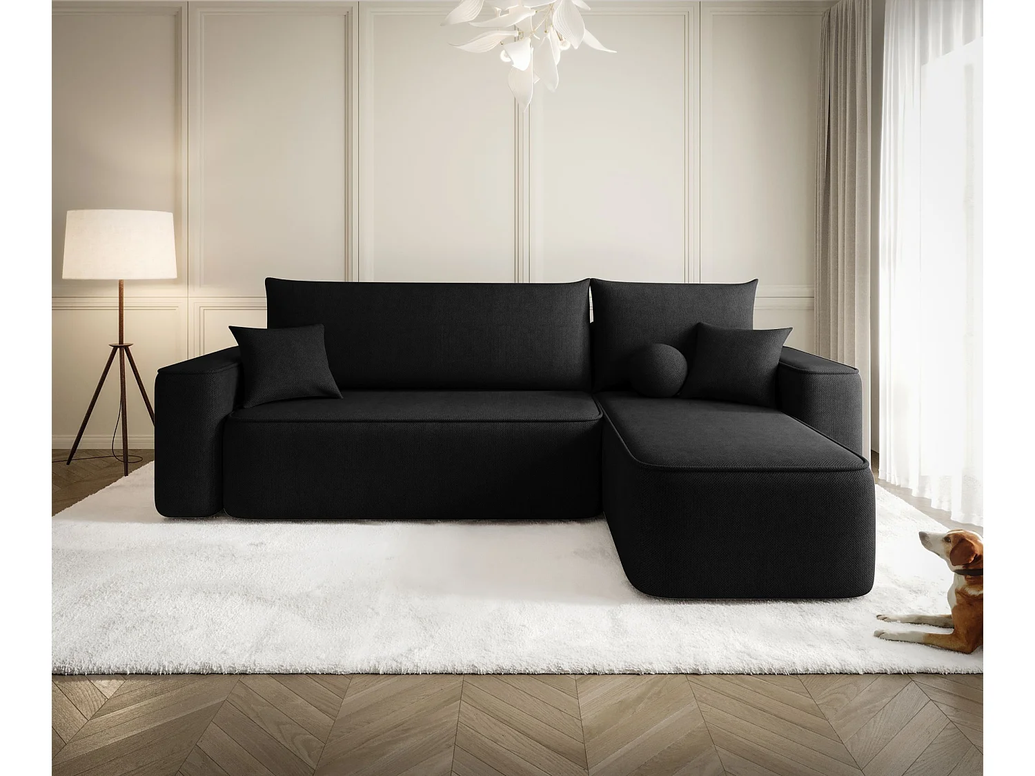 Canapé d'angle TEXAS droit noir tricot Curio 99 - fonction couchage, coffre à literie