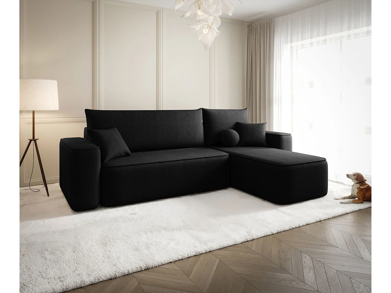 Canapé d'angle TEXAS droit noir tricot Curio 99 - fonction couchage, coffre à literie