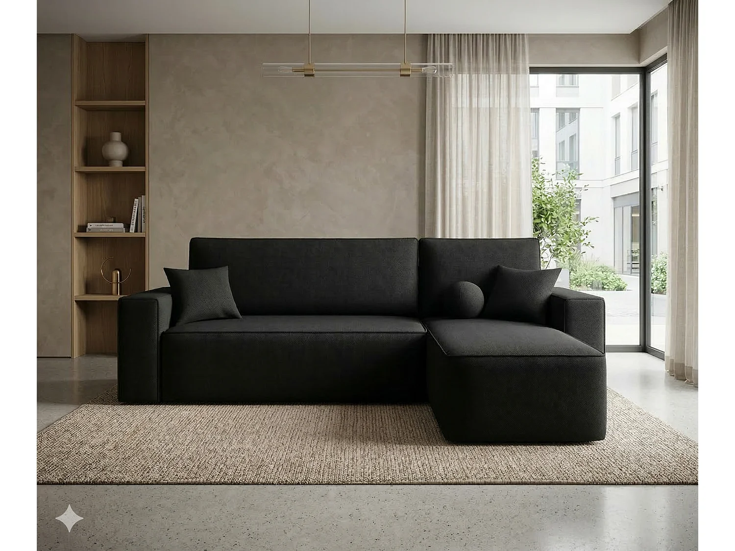 Canapé d’angle tissu convertible avec coffre intégré CENA-Noir-angle droit