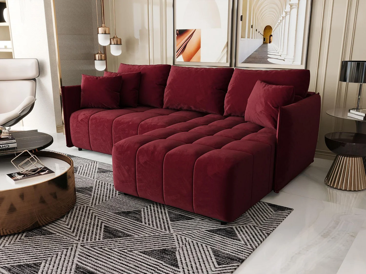 Canapé d'angle CHICAGO droit rouge velours Monolith 59 - fonction couchage, coffre à literie