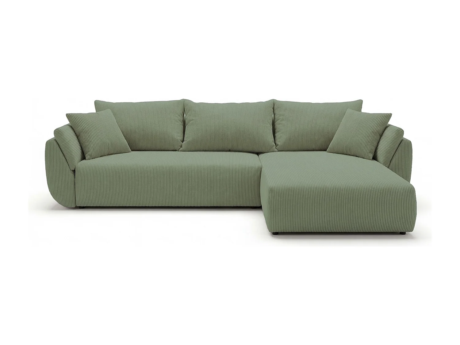 Canapé d'angle SYDNEY droit vert clair velours côtelé Poso 47 - fonction couchage, coffre à literie