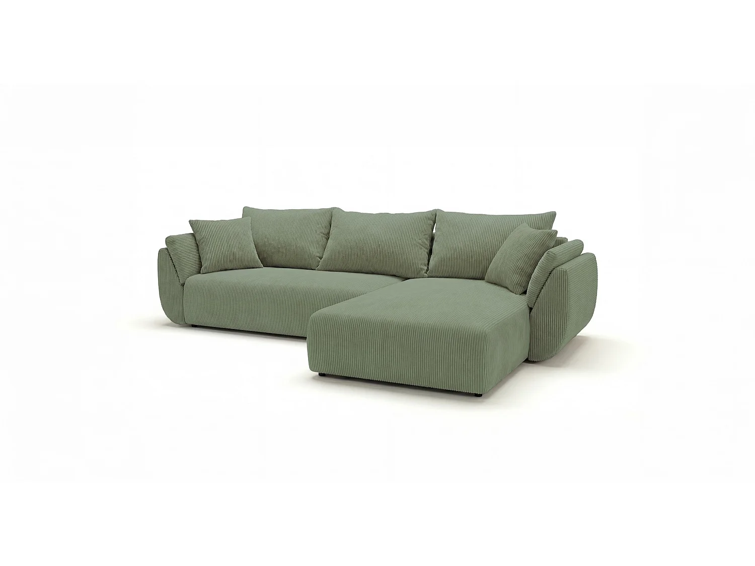 Canapé d'angle SYDNEY droit vert clair velours côtelé Poso 47 - fonction couchage, coffre à literie