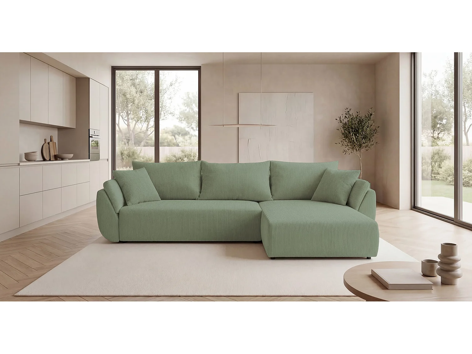 Canapé d'angle SYDNEY droit vert clair velours côtelé Poso 47 - fonction couchage, coffre à literie