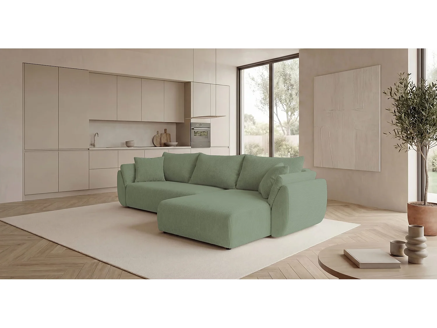 Canapé d'angle SYDNEY droit vert clair velours côtelé Poso 47 - fonction couchage, coffre à literie