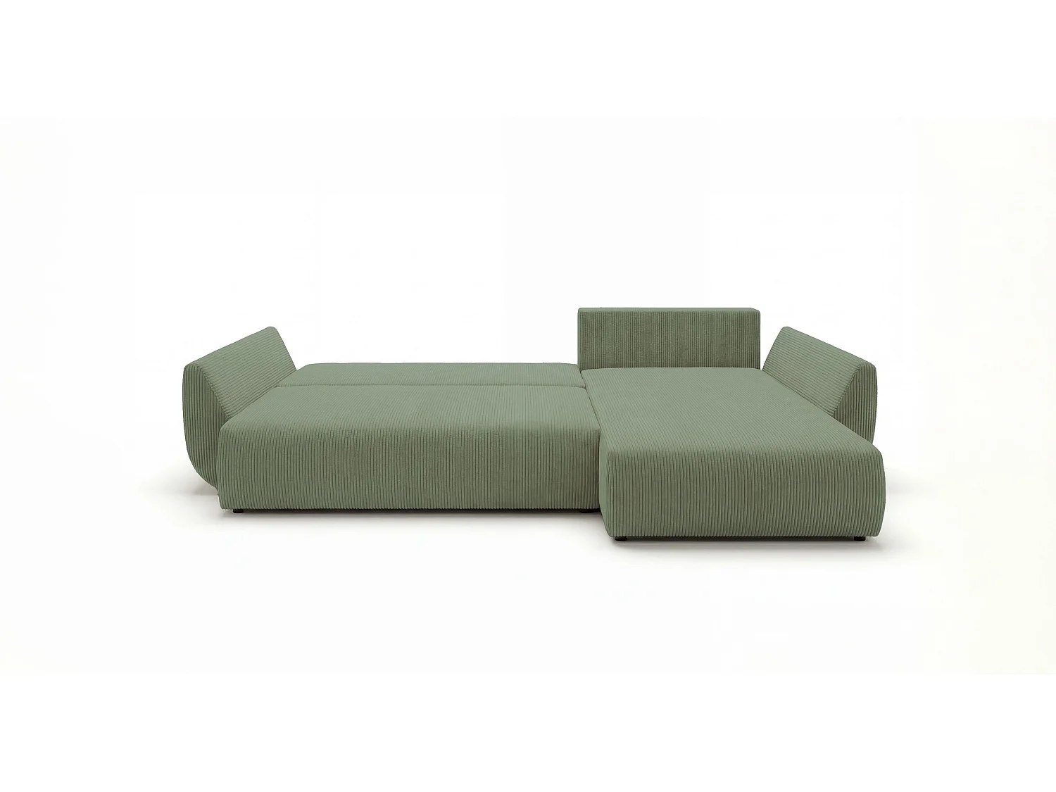 Canapé d'angle SYDNEY droit vert clair velours côtelé Poso 47 - fonction couchage, coffre à literie