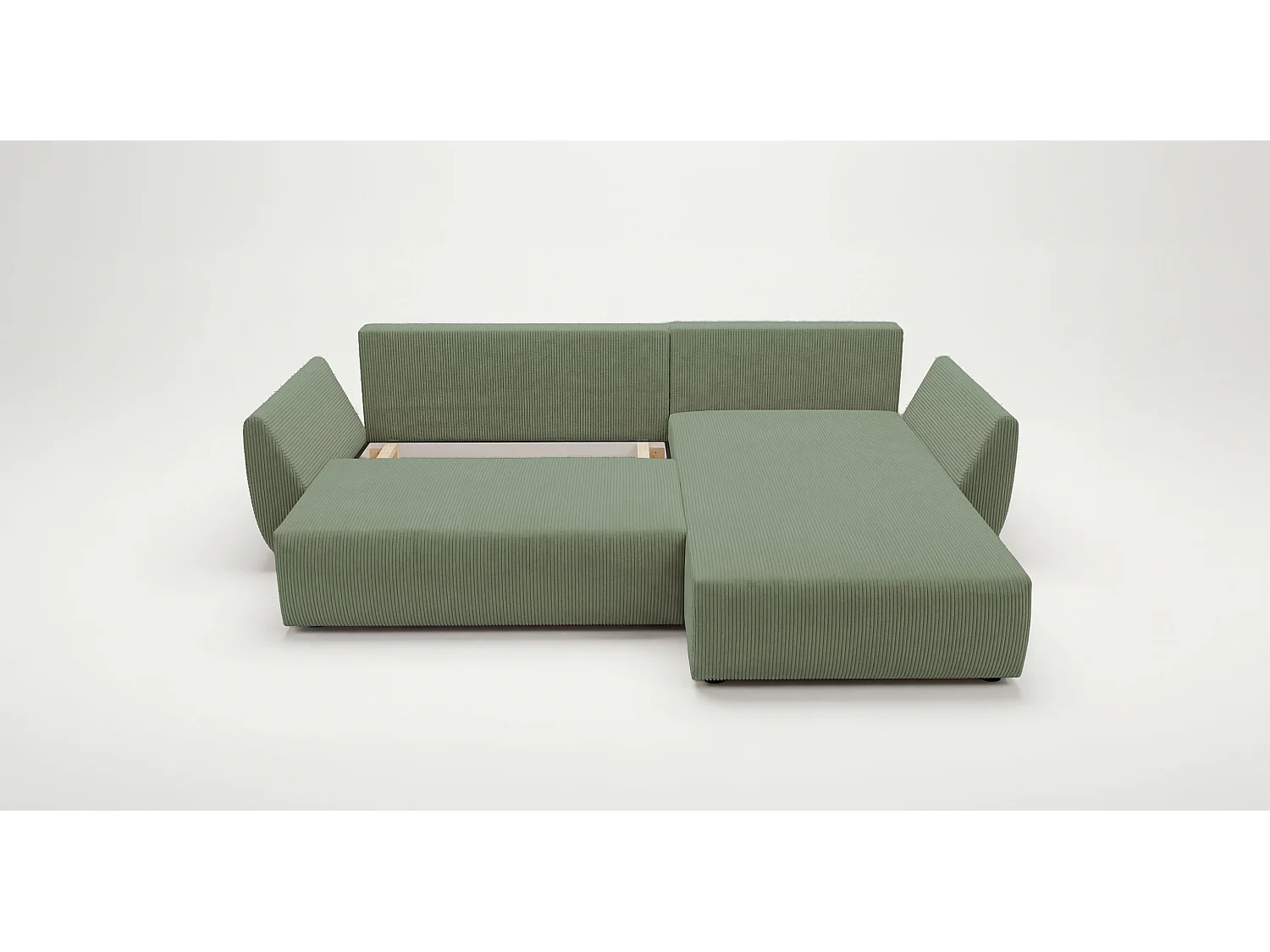 Canapé d'angle SYDNEY droit vert clair velours côtelé Poso 47 - fonction couchage, coffre à literie