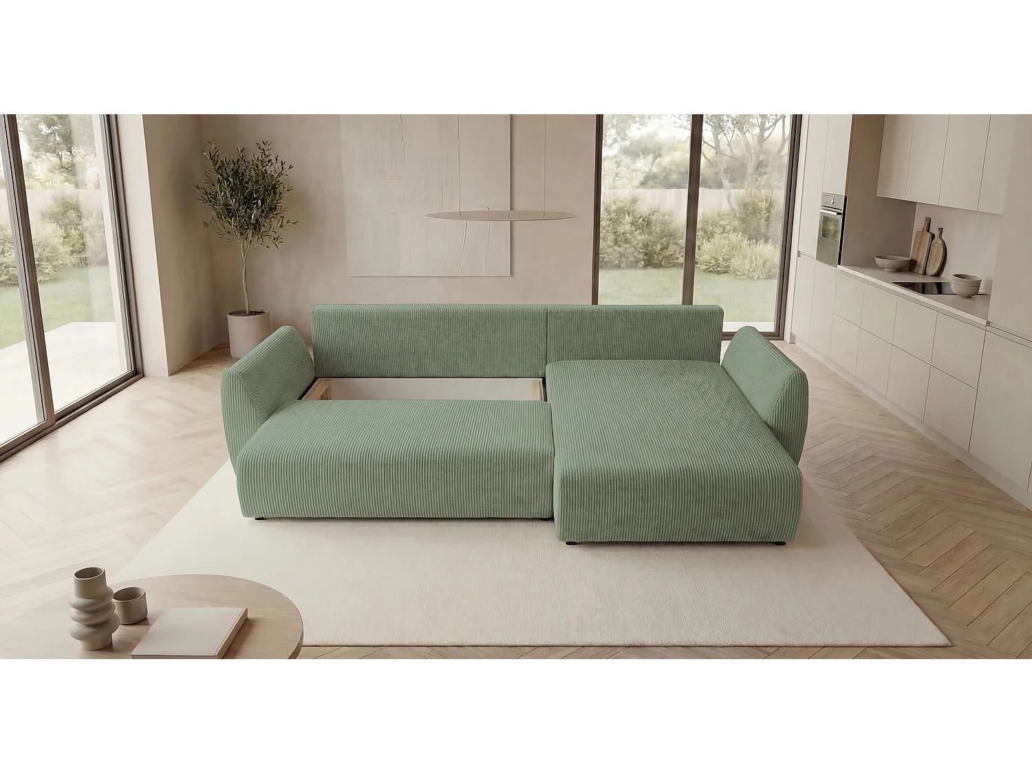 Canapé d'angle SYDNEY droit vert clair velours côtelé Poso 47 - fonction couchage, coffre à literie