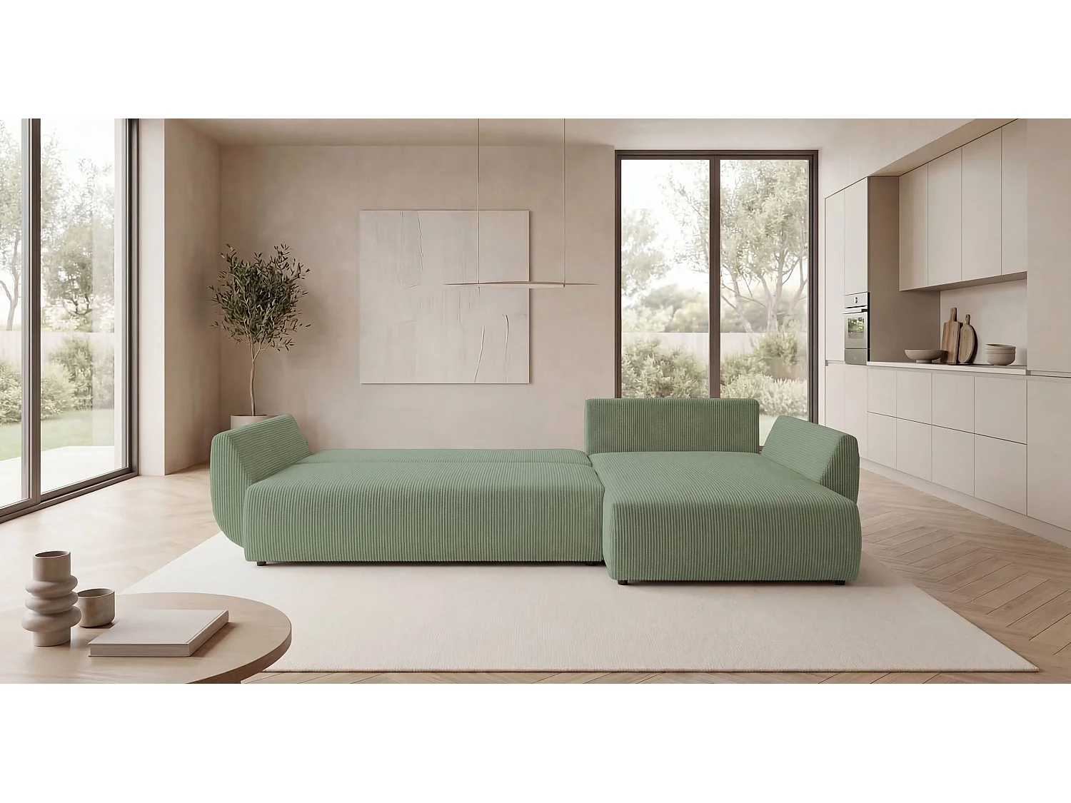 Canapé d'angle SYDNEY droit vert clair velours côtelé Poso 47 - fonction couchage, coffre à literie