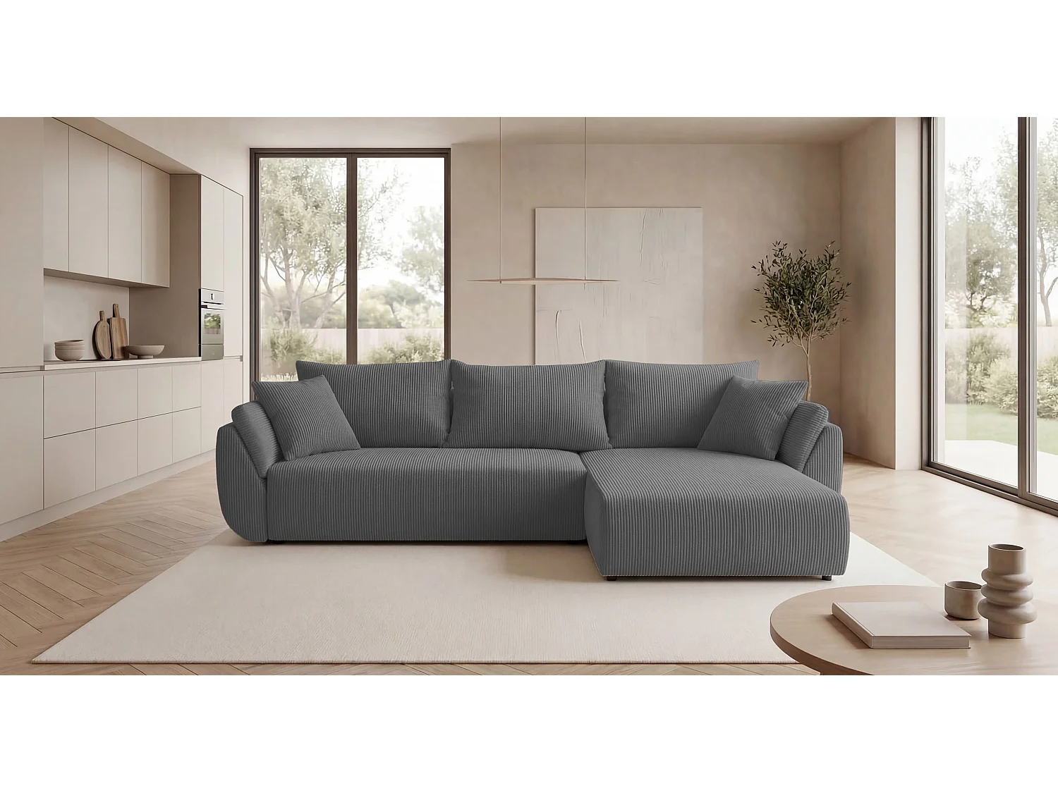 Canapé d'angle SYDNEY droit gris velours côtelé Poso 55 - fonction couchage, coffre à literie