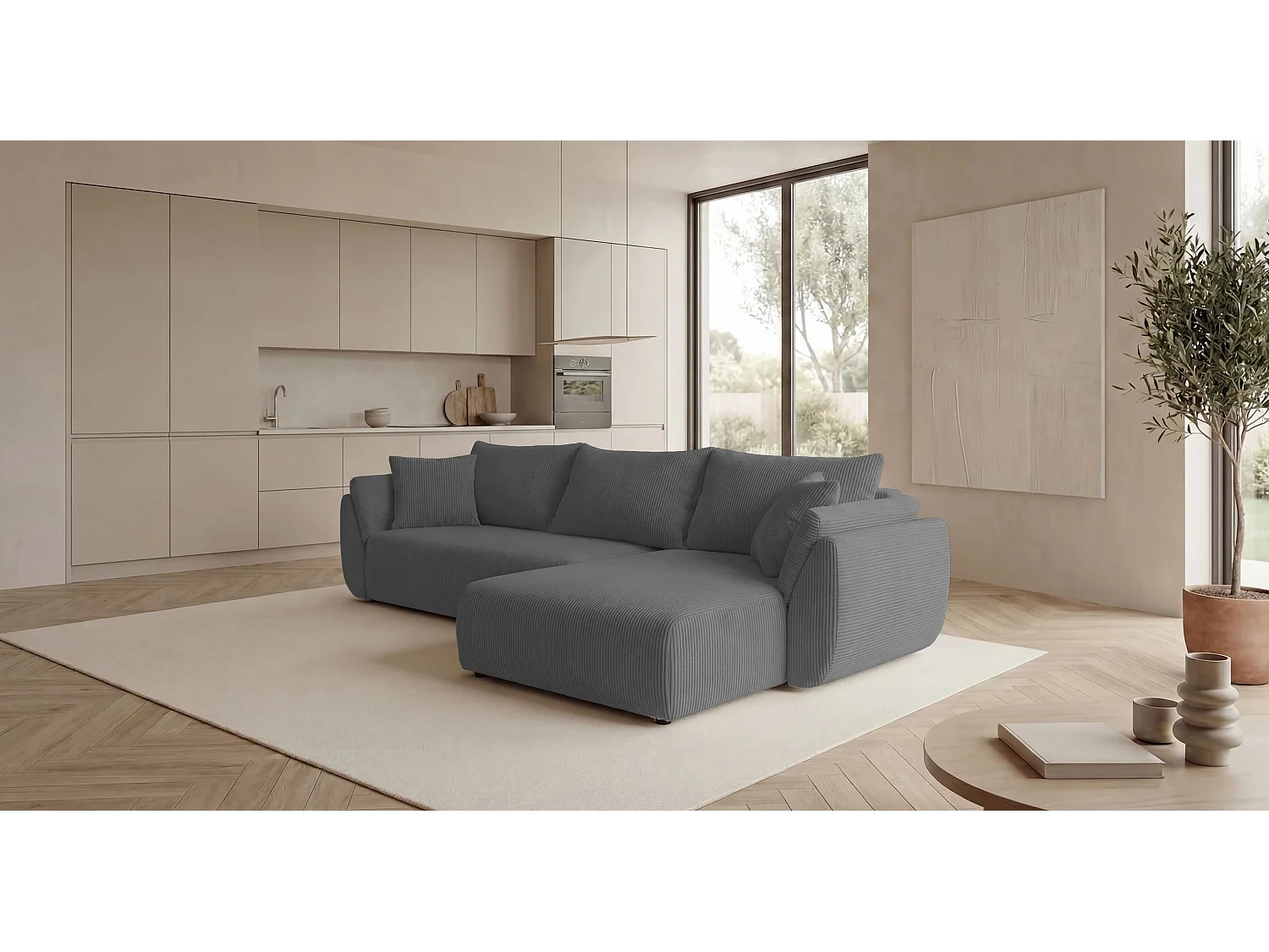 Canapé d'angle SYDNEY droit gris velours côtelé Poso 55 - fonction couchage, coffre à literie