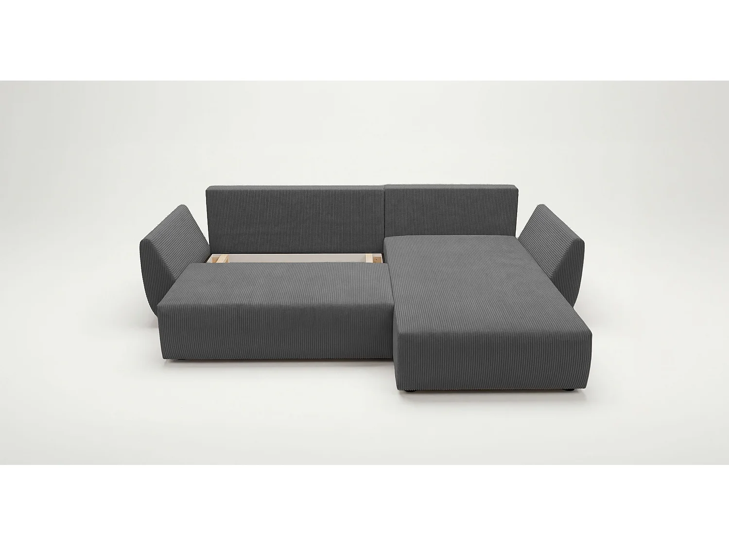 Canapé d'angle SYDNEY droit gris velours côtelé Poso 55 - fonction couchage, coffre à literie