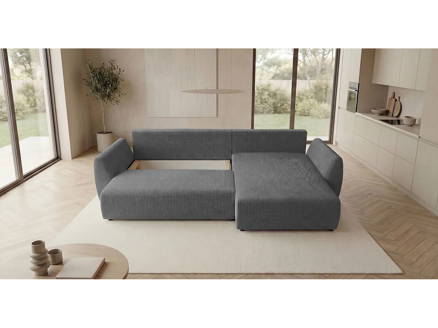 Canapé d'angle SYDNEY droit gris velours côtelé Poso 55 - fonction couchage, coffre à literie