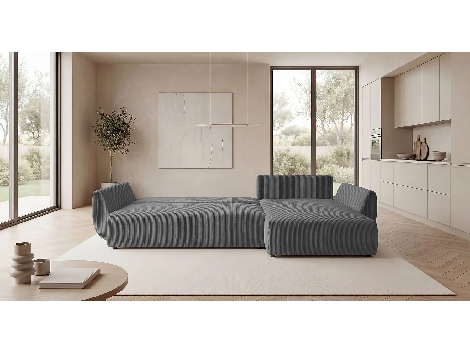 Canapé d'angle SYDNEY droit gris velours côtelé Poso 55 - fonction couchage, coffre à literie