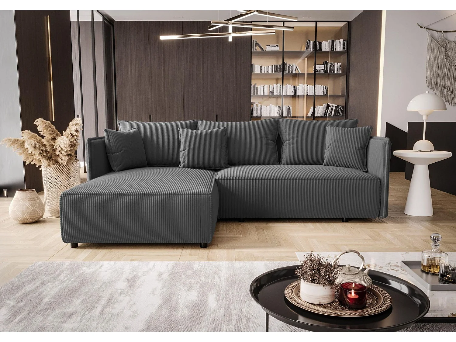 Canapé d'angle MILANO gauche gris foncé velours côtelé Poso 60 - fonction couchage, coffre à literie