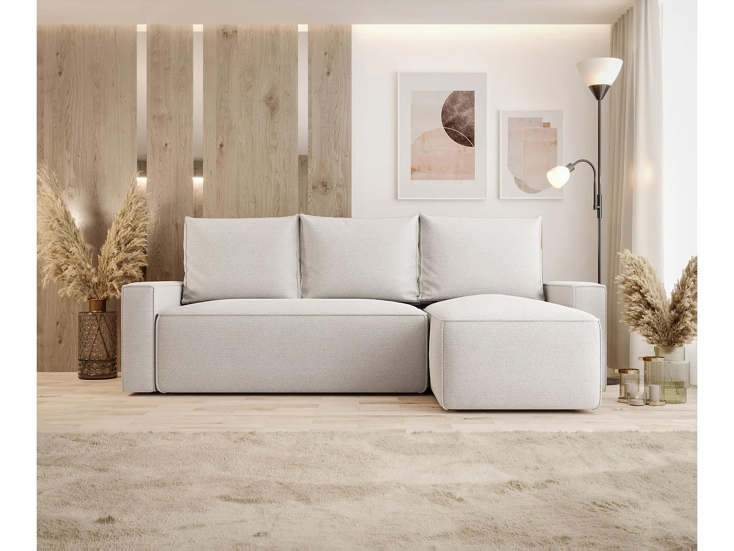 Canapé d'angle HAVANA droit beige clair tricot Curio 2 - fonction couchage, coffre à literie