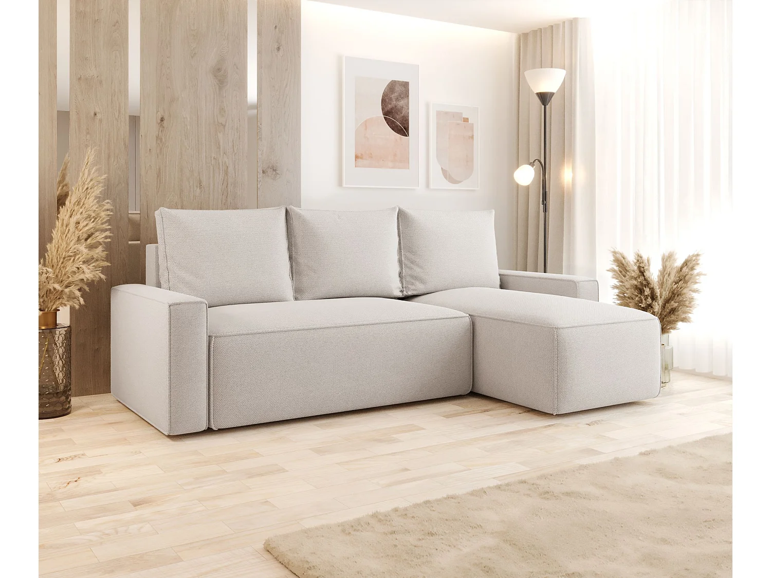 Canapé d'angle HAVANA droit beige clair tricot Curio 2 - fonction couchage, coffre à literie