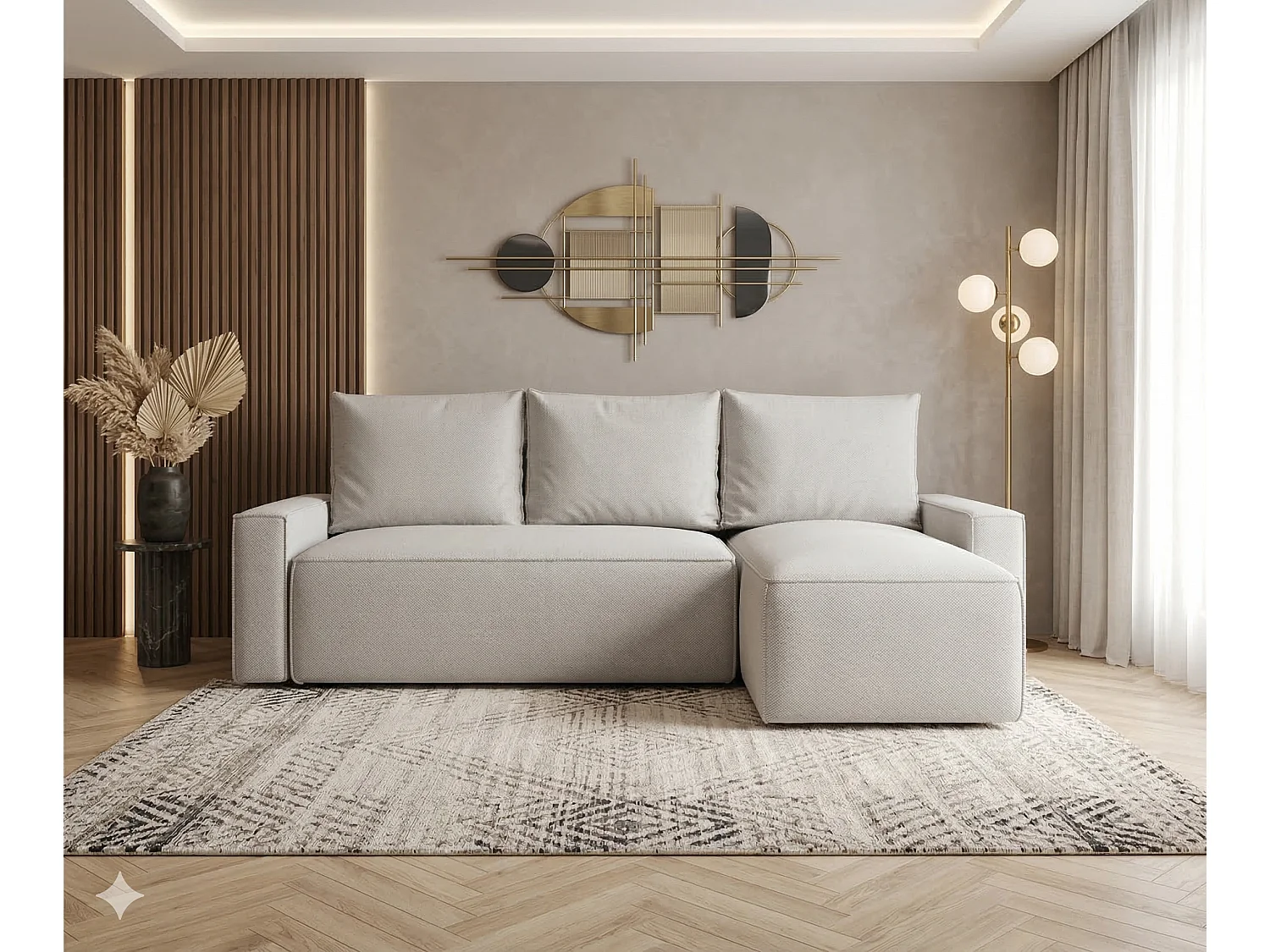 Canapé d’angle tissu convertible avec coffre intégré NORE-Blanc cassé-angle droit