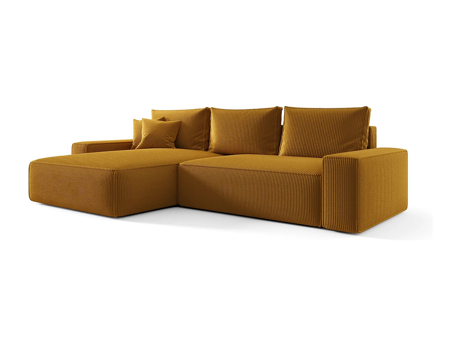 Canapé d'angle CALIFORNIA gauche Pomaranczowy velours côtelé Poso 1 - fonction couchage, coffre à literie