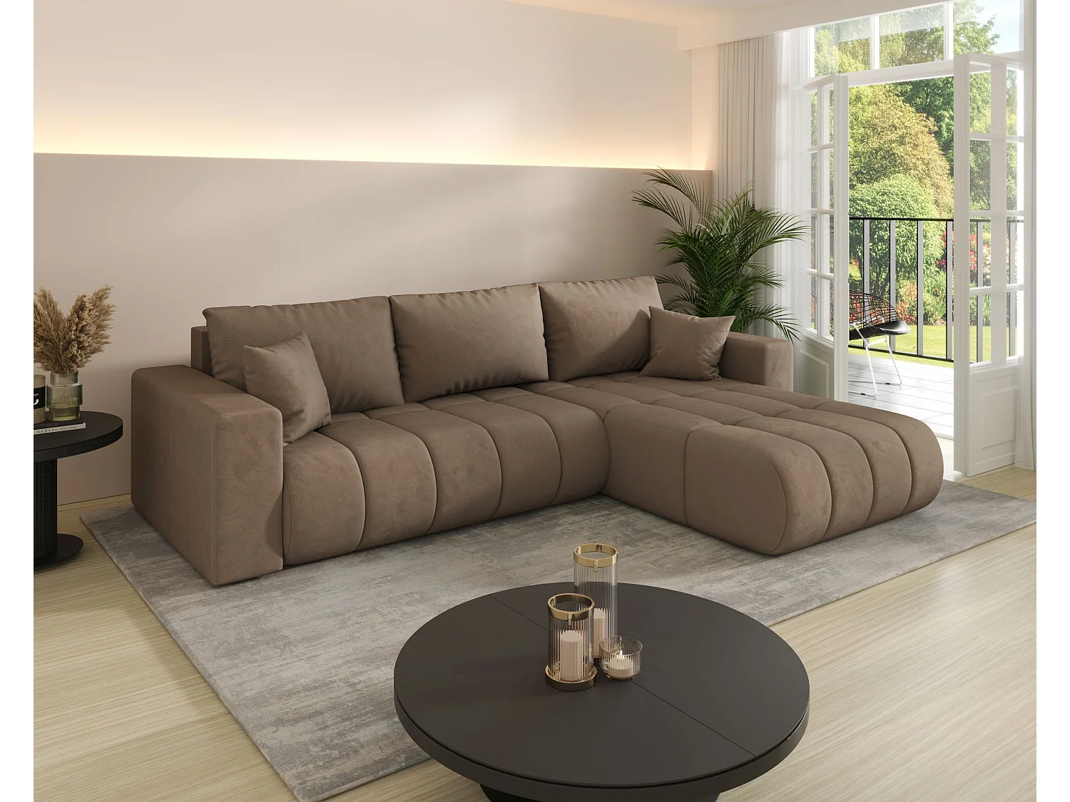 Canapé d'angle LARA PREMIUM droit marron velours Monolith 9 - fonction couchage, coffre à literie