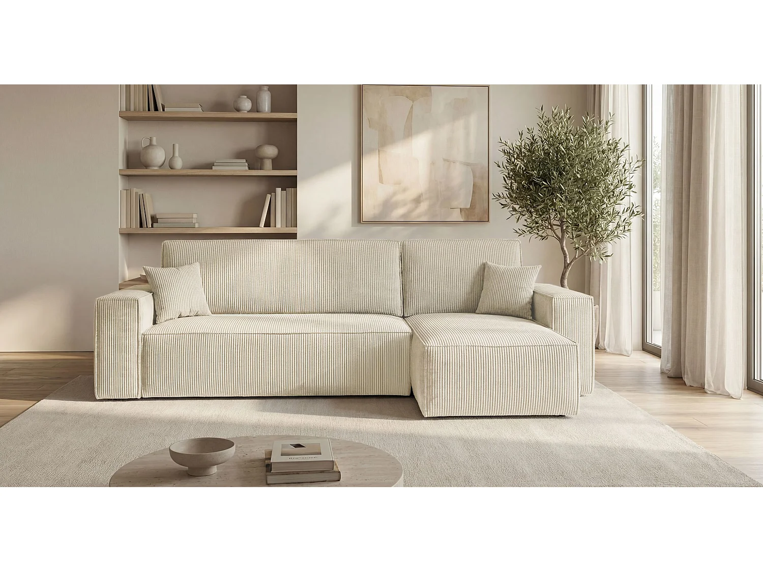 Canapé d'angle CALIFORNIA MINI droit blanc velours côtelé Poso 100 - fonction couchage, coffre à literie