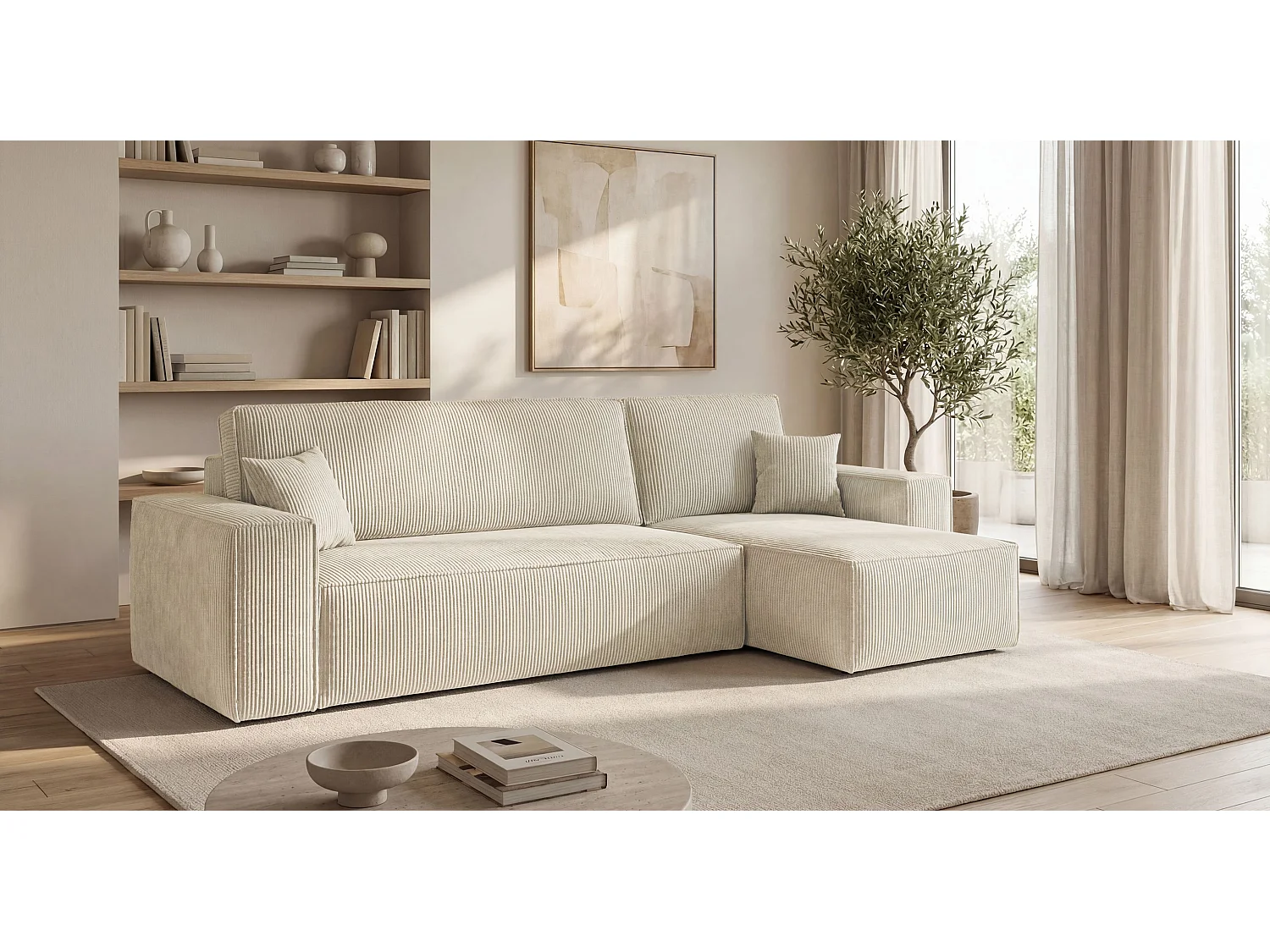 Canapé d'angle CALIFORNIA MINI droit blanc velours côtelé Poso 100 - fonction couchage, coffre à literie