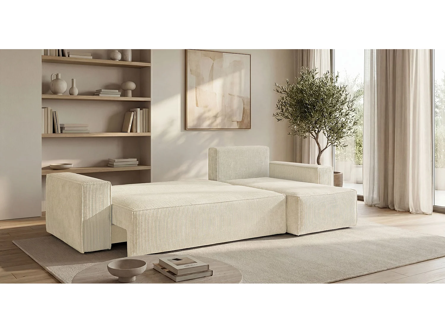 Canapé d'angle CALIFORNIA MINI droit blanc velours côtelé Poso 100 - fonction couchage, coffre à literie