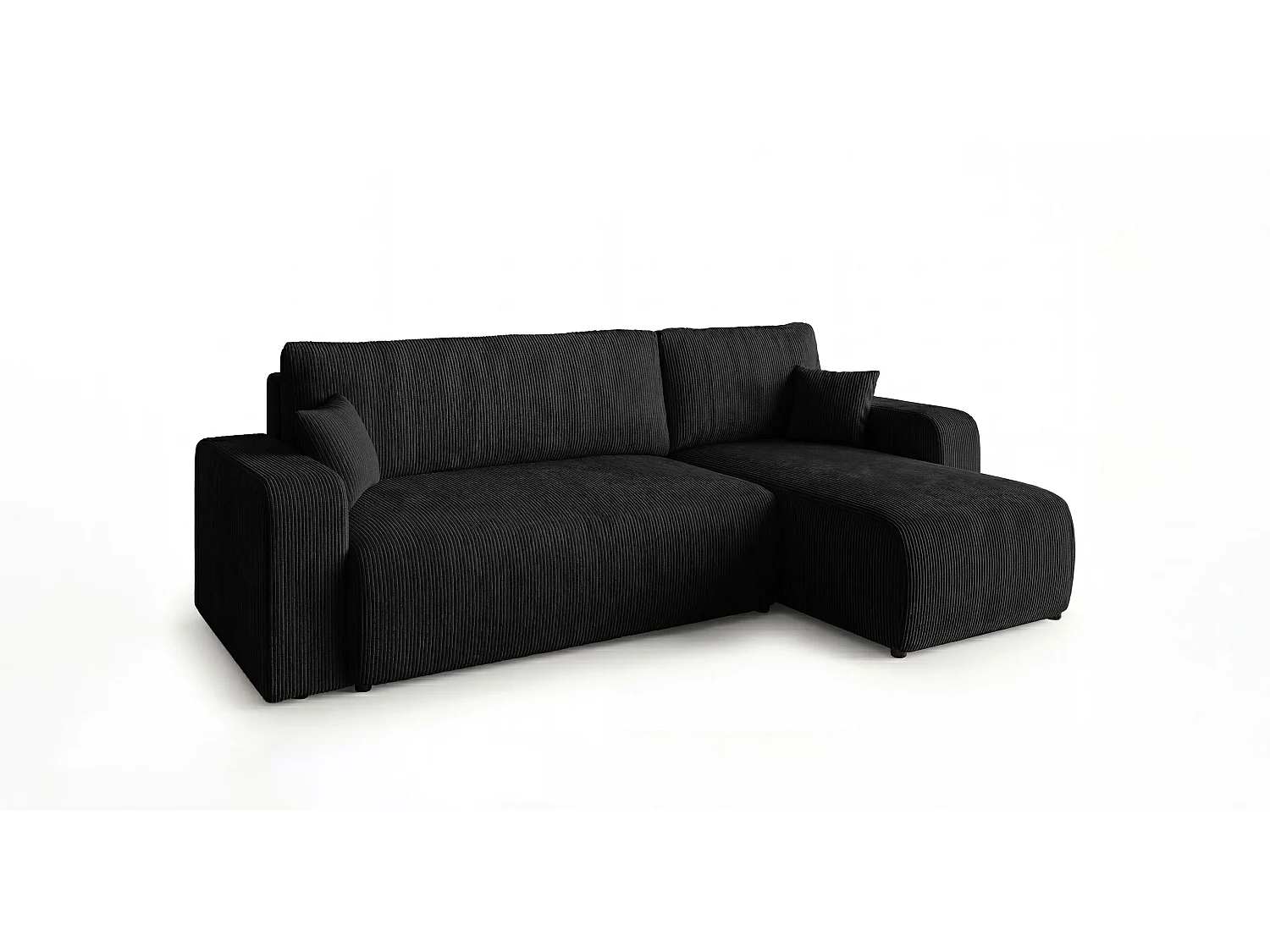 Canapé d'angle PARIS droit noir velours côtelé Poso 135 - fonction couchage, coffre à literie