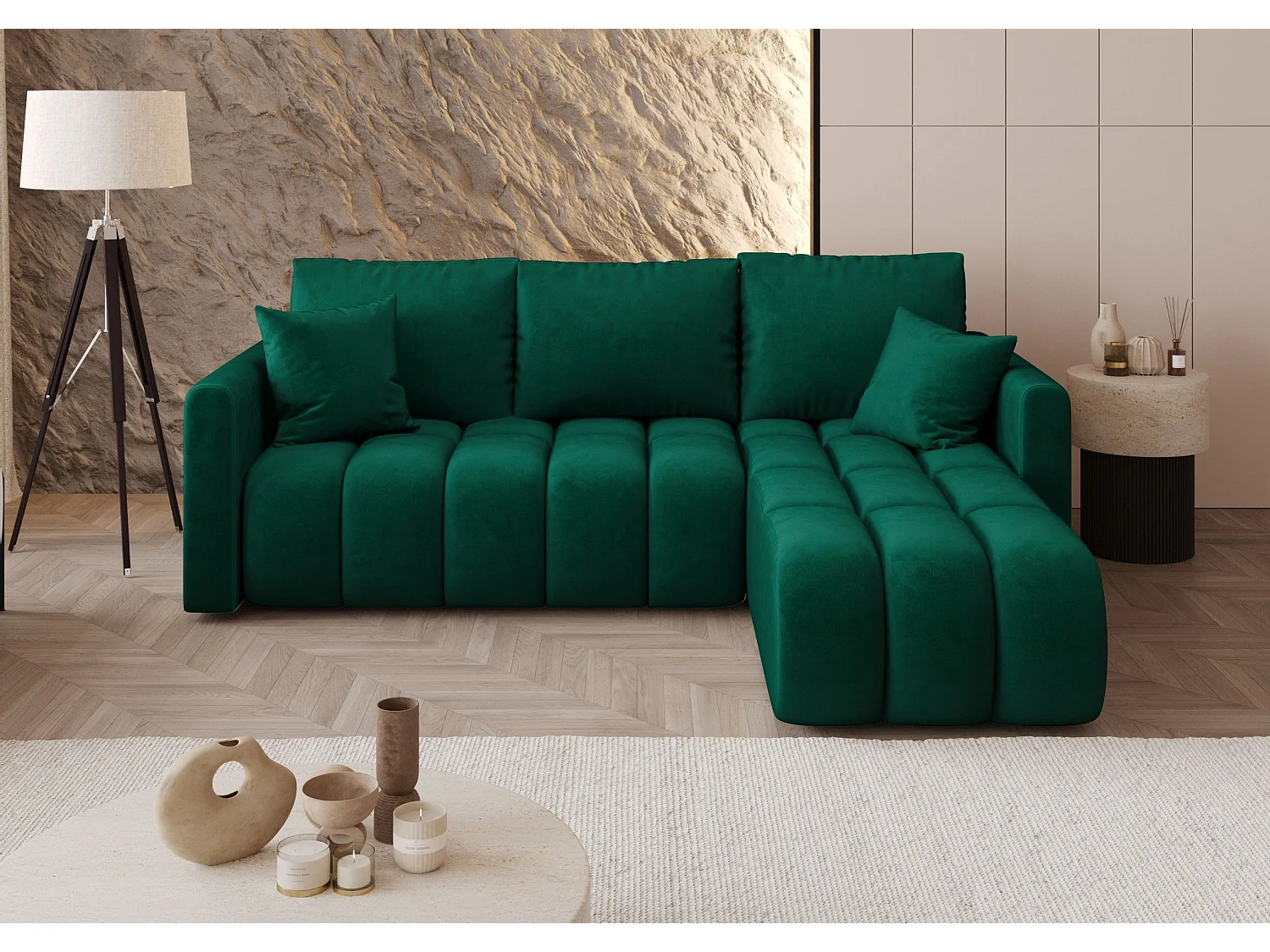 Canapé d'angle GARDA droit vert velours Monolith 37 - fonction couchage, coffre à literie