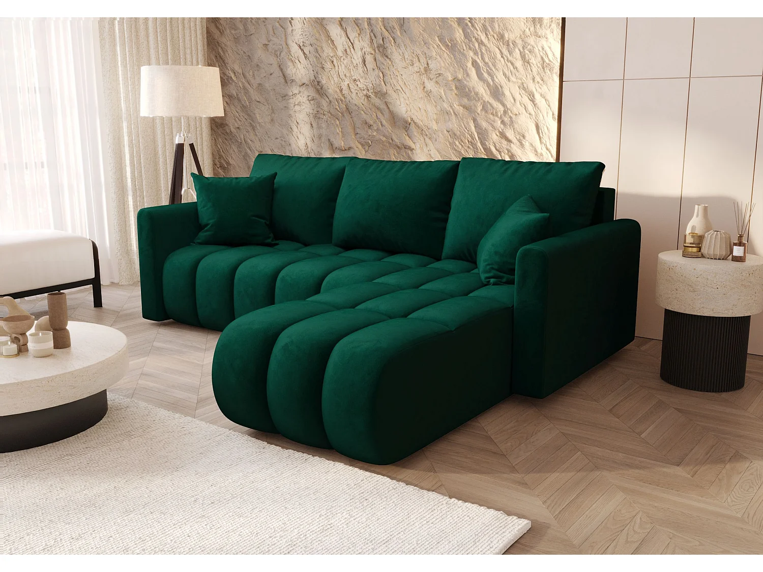 Canapé d'angle GARDA droit vert velours Monolith 37 - fonction couchage, coffre à literie