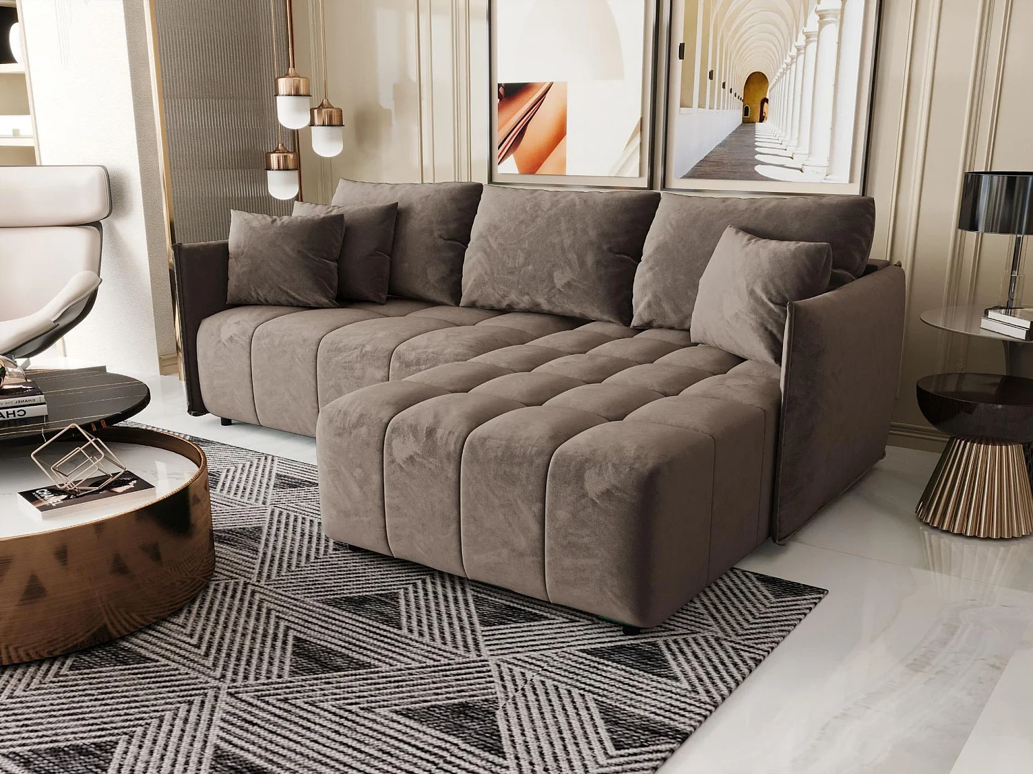 Canapé d'angle CHICAGO droit marron velours Monolith 15 - fonction couchage, coffre à literie