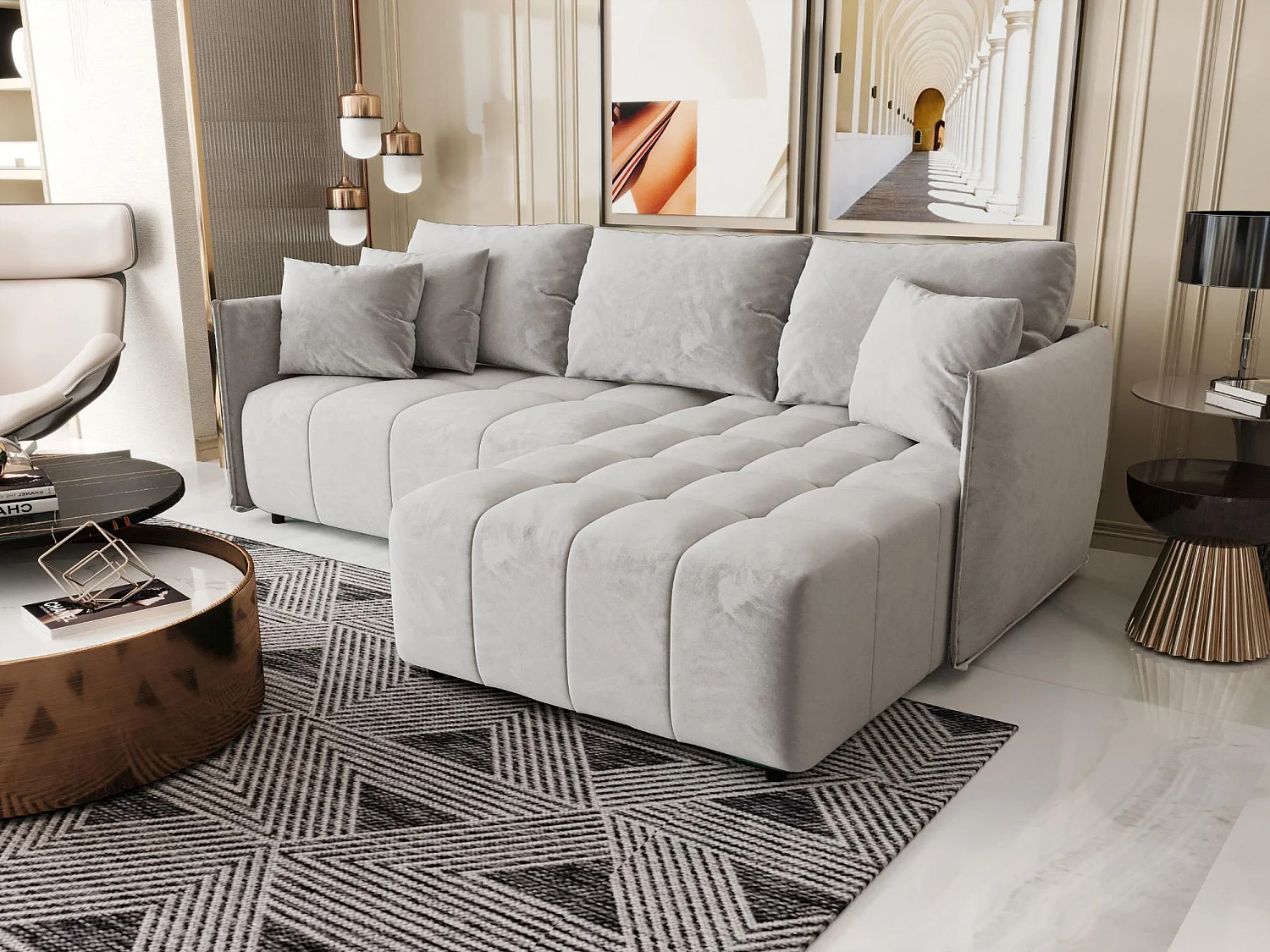 Canapé d'angle CHICAGO droit gris clair velours Monolith 84 - fonction couchage, coffre à literie