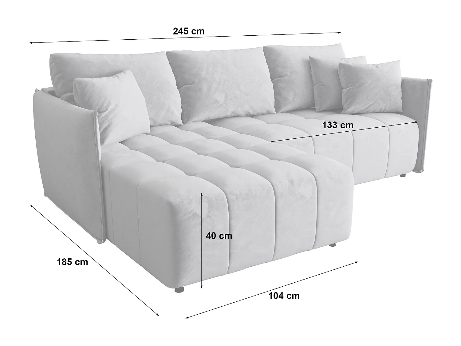 Canapé d'angle CHICAGO droit gris clair velours Monolith 84 - fonction couchage, coffre à literie