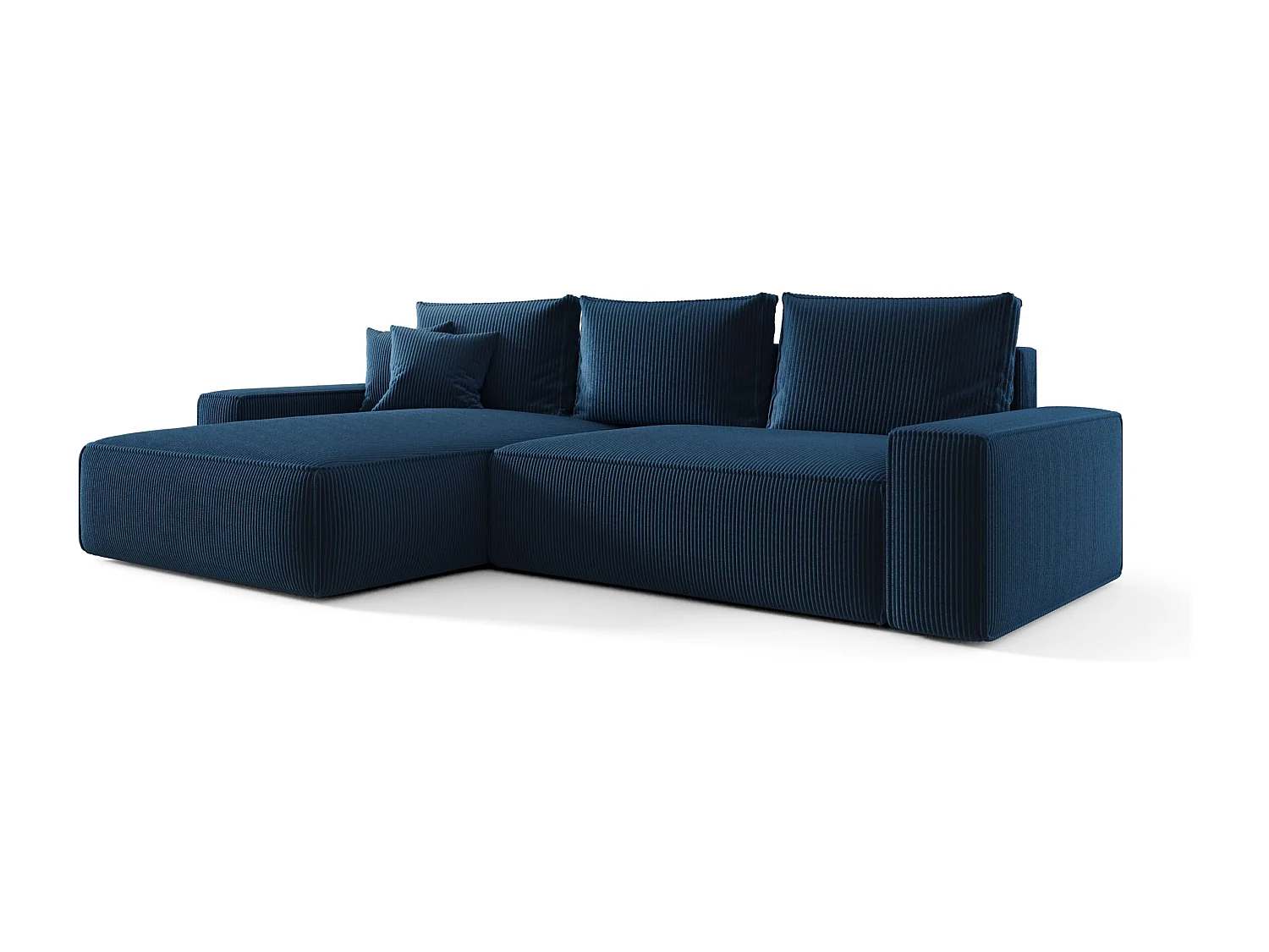 Canapé d'angle CALIFORNIA gauche bleu foncé velours côtelé Poso 5 - fonction couchage, coffre à literie