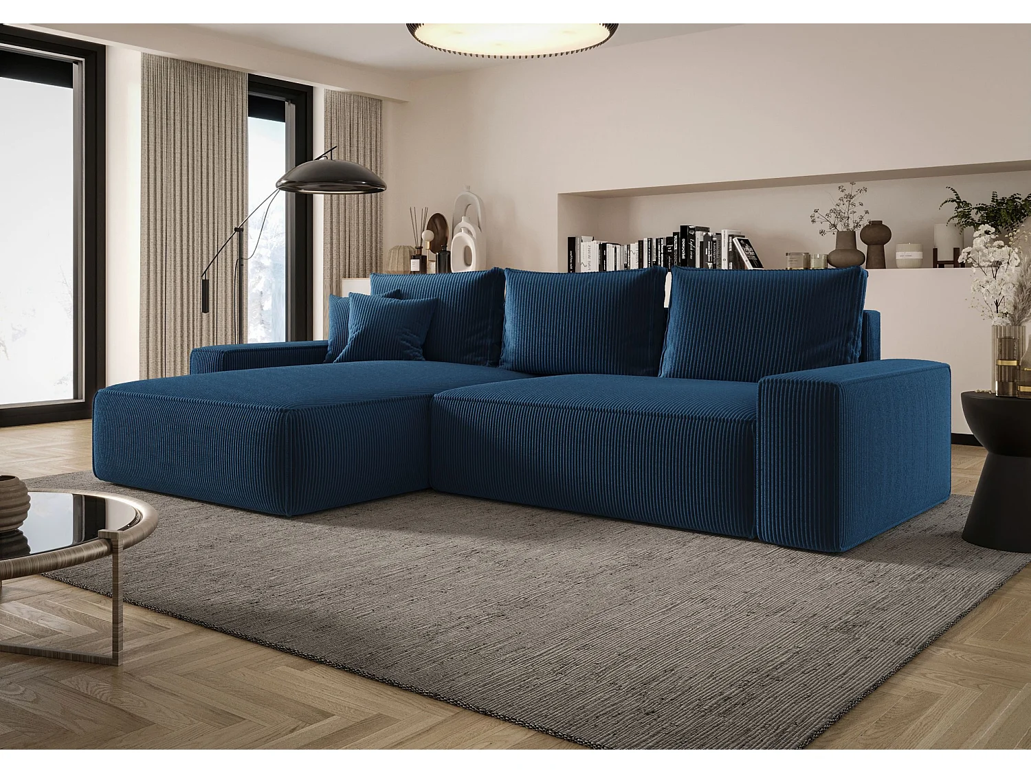 Canapé d'angle CALIFORNIA gauche bleu foncé velours côtelé Poso 5 - fonction couchage, coffre à literie