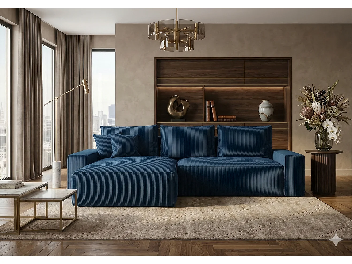 Canapé d’angle velours convertible avec coffre NINA-Bleu marine-angle gauche