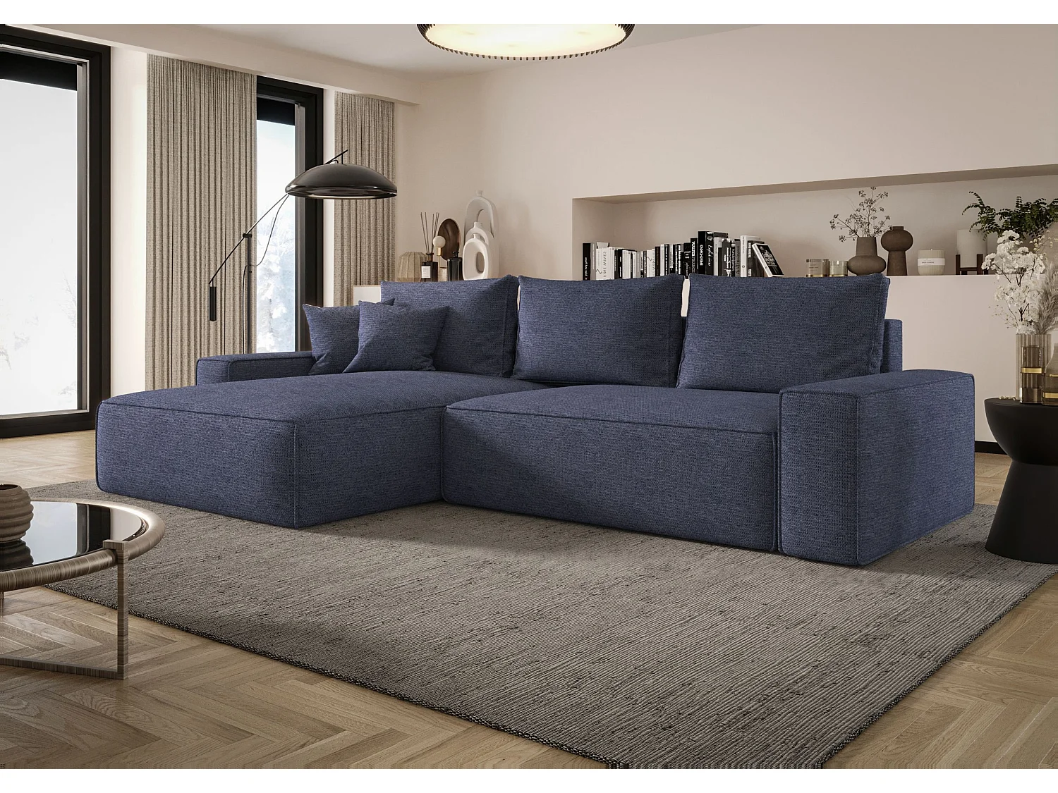 Canapé d'angle CALIFORNIA gauche bleu tricot Aragon 74 - fonction couchage, coffre à literie