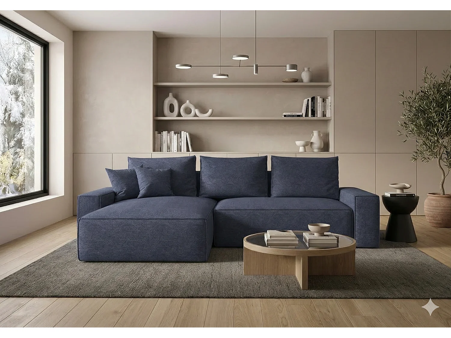 Canapé d’angle tissu tressé convertible avec coffre NINA-Bleu-angle gauche