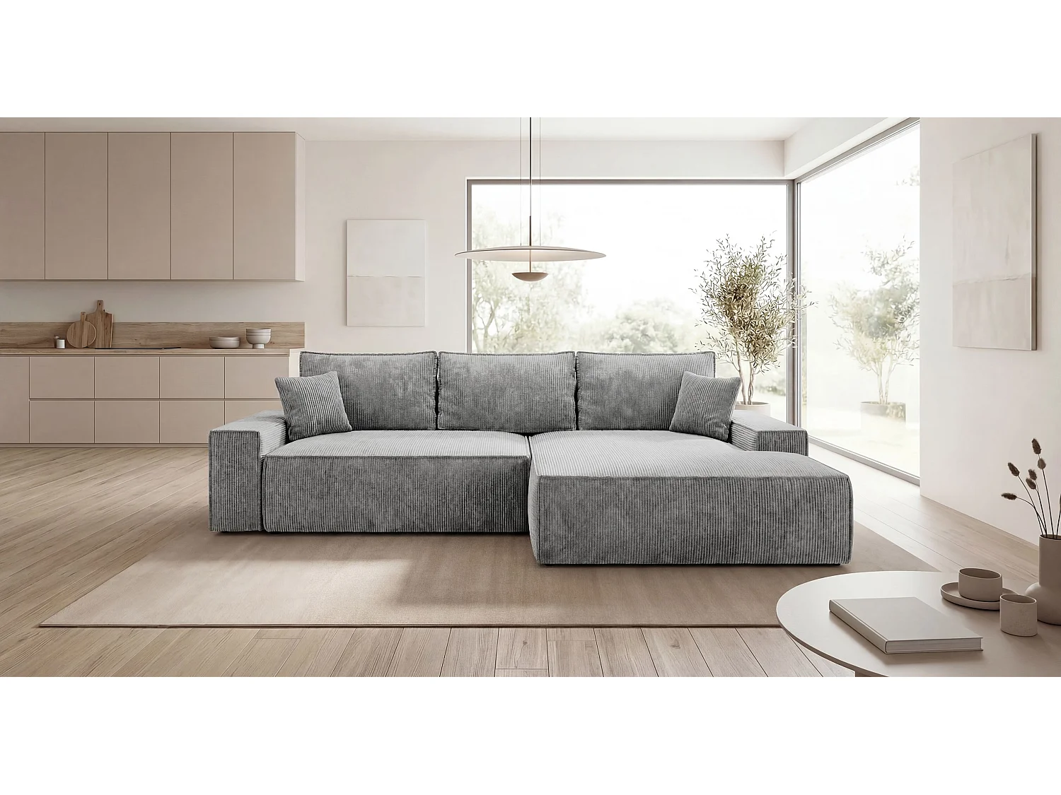 Canapé d'angle VERONA droit gris velours côtelé Poso 55 - fonction couchage, coffre à literie