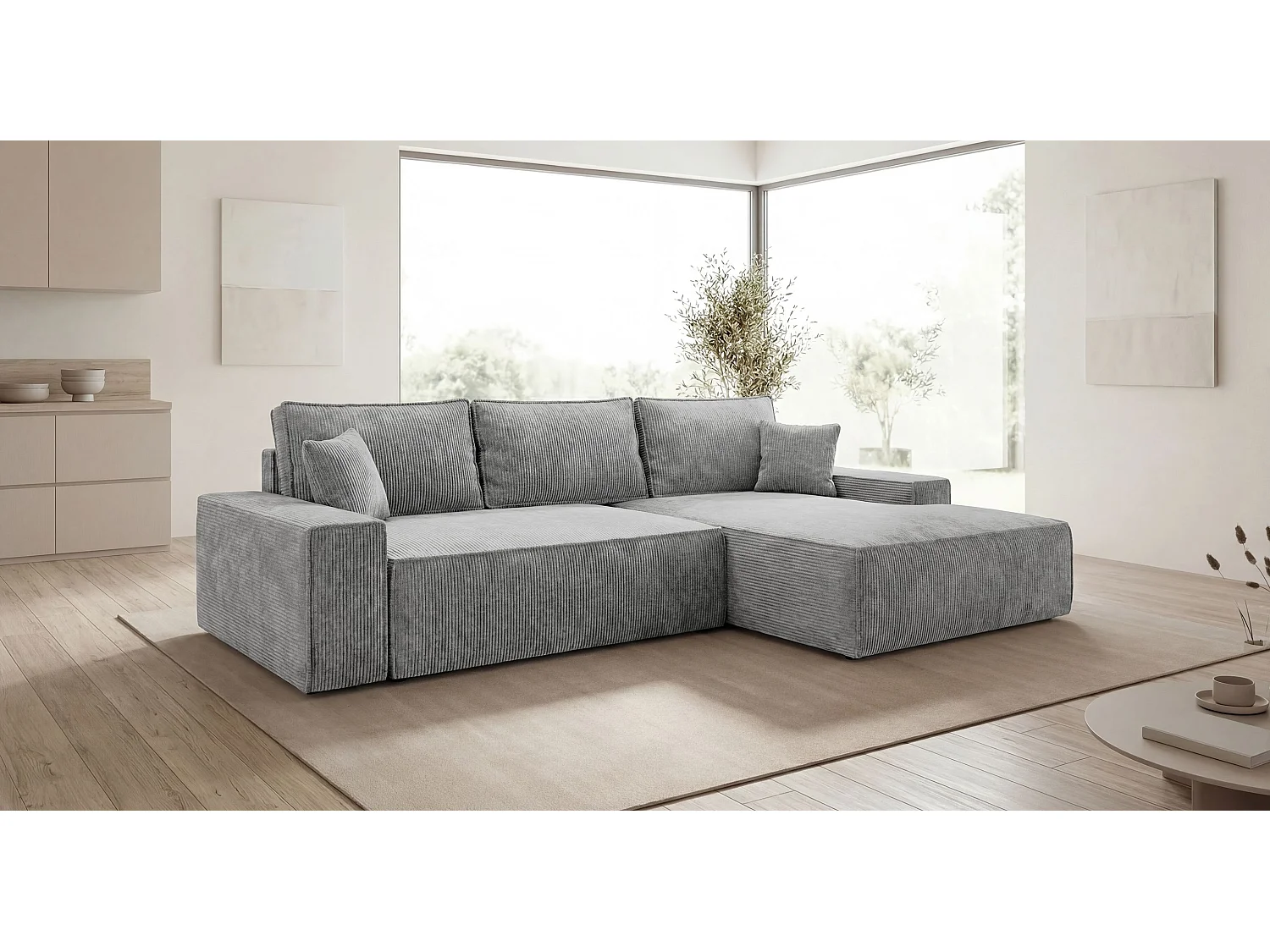 Canapé d'angle VERONA droit gris velours côtelé Poso 55 - fonction couchage, coffre à literie