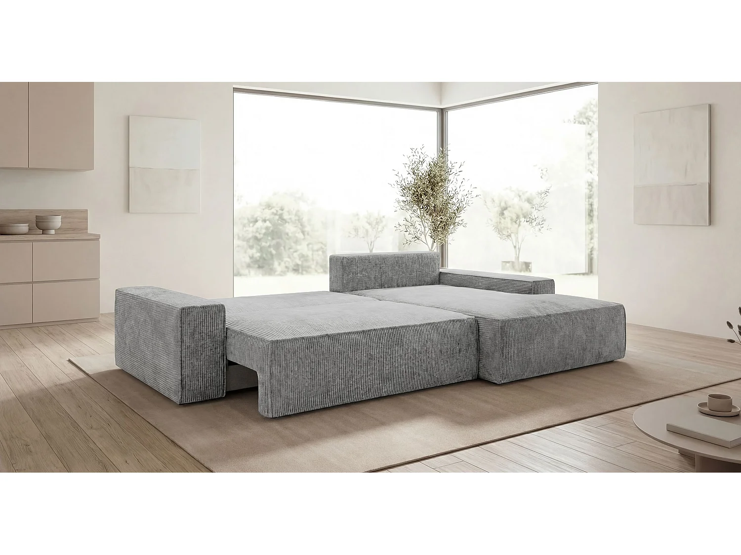 Canapé d'angle VERONA droit gris velours côtelé Poso 55 - fonction couchage, coffre à literie