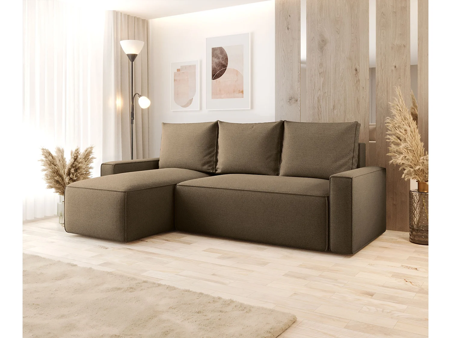 Canapé d'angle HAVANA gauche marron tricot Curio 20 - fonction couchage, coffre à literie