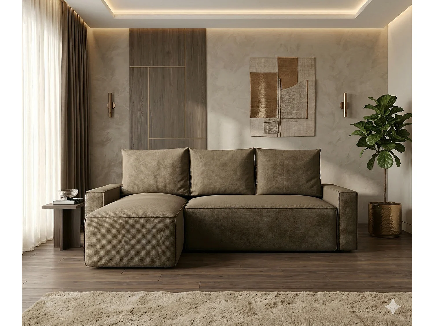 Canapé d’angle tissu convertible avec coffre intégré NORE-Marron-angle gauche