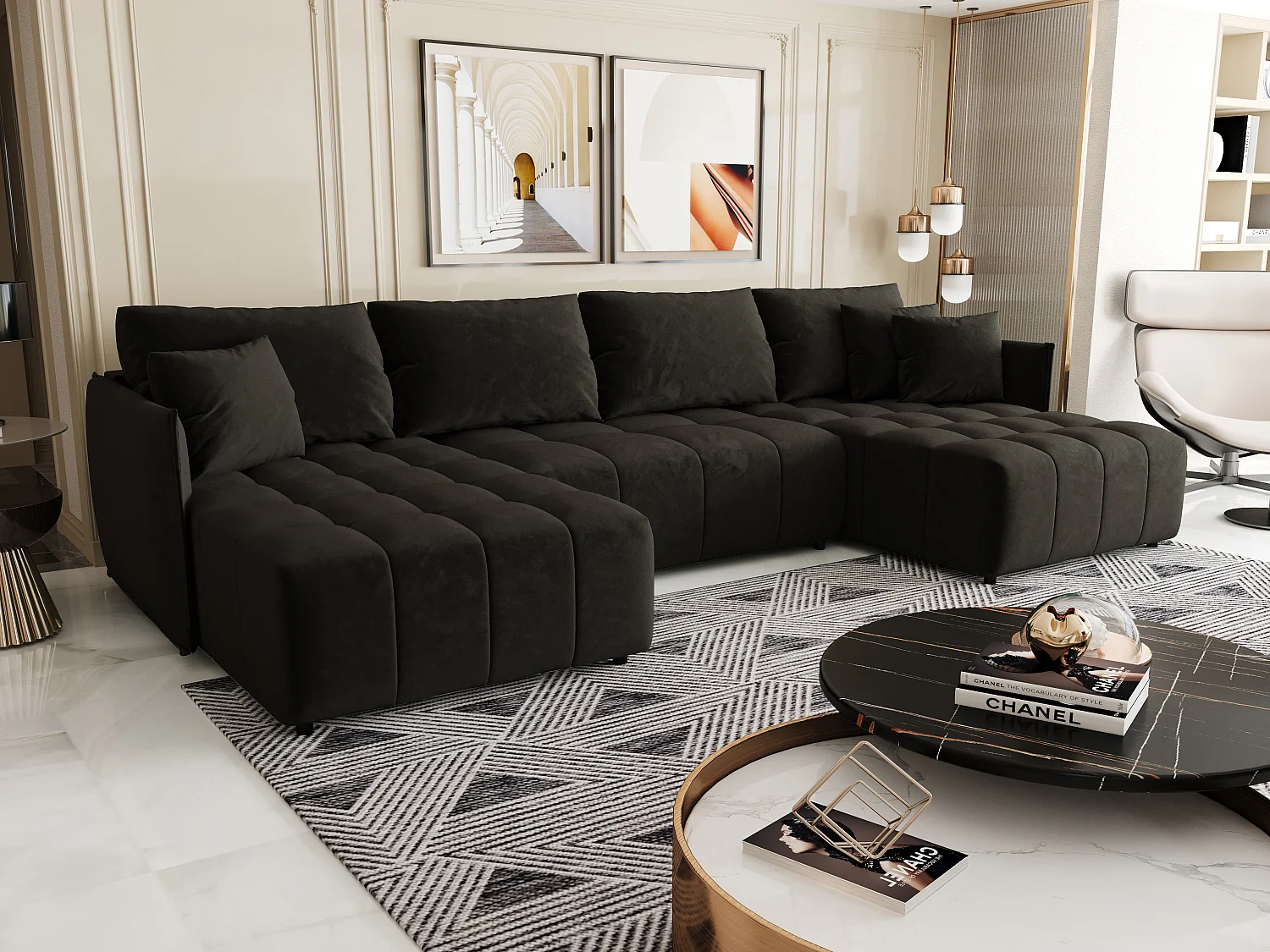 Canapé d'angle CHICAGO en U graphite velours Monolith 95 - fonction couchage, coffre à literie