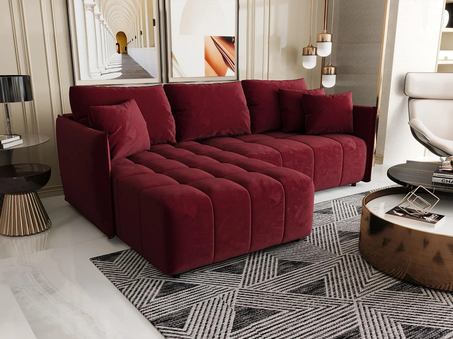 Canapé d'angle CHICAGO gauche rouge velours Monolith 59 - fonction couchage, coffre à literie