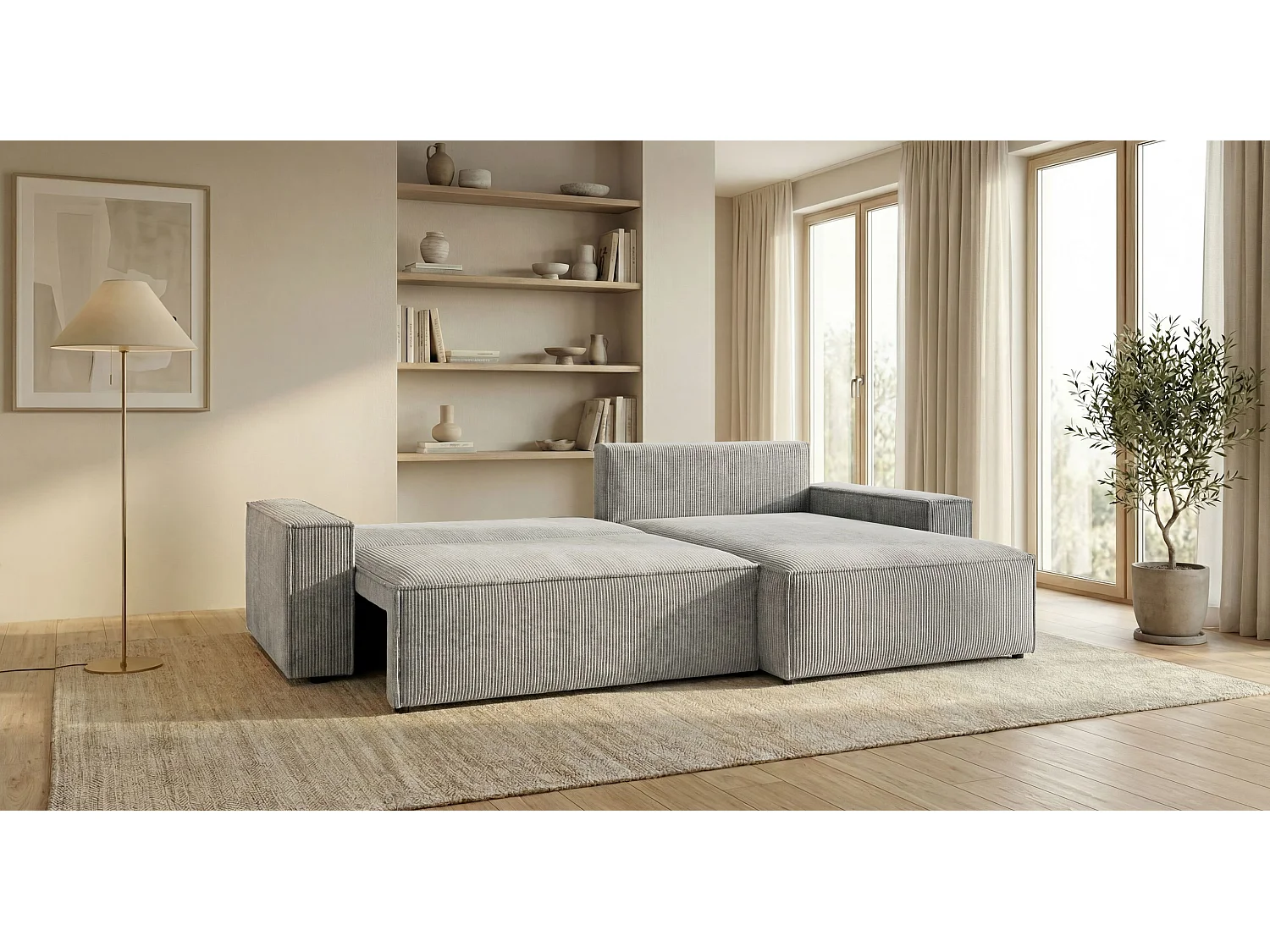 Canapé d'angle VIENNA droit gris velours côtelé Poso 55 - fonction couchage, coffre à literie